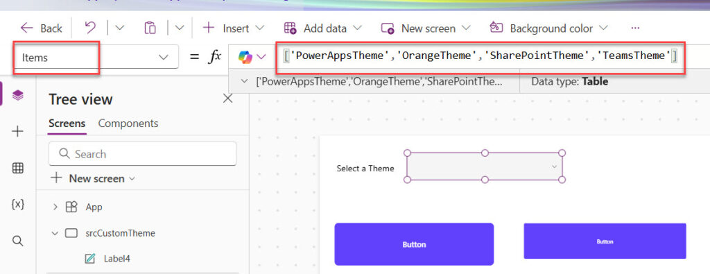 Custom theme in Power Apps