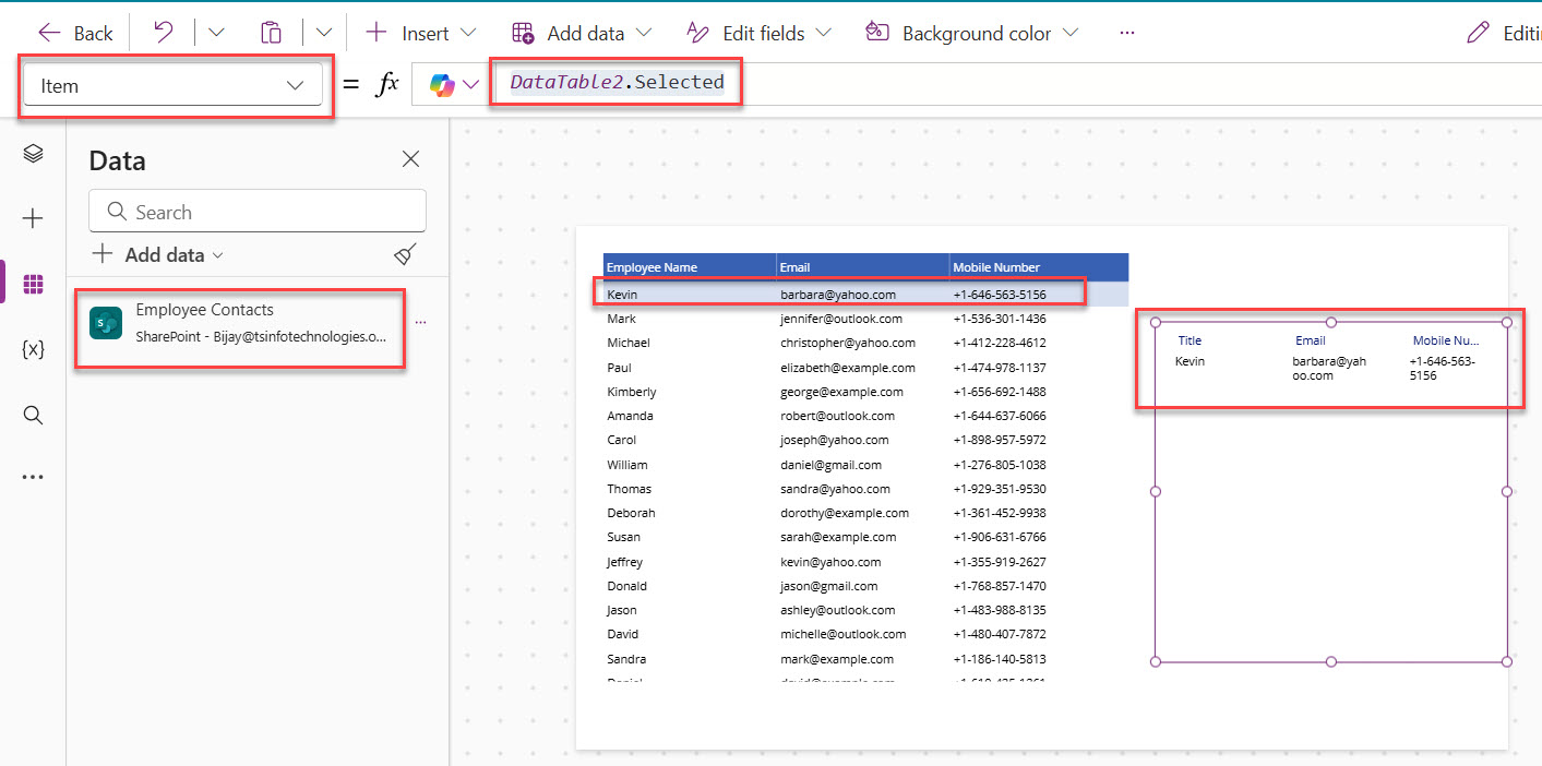 Display Power Apps Data Table Selected Item in a Display Form
