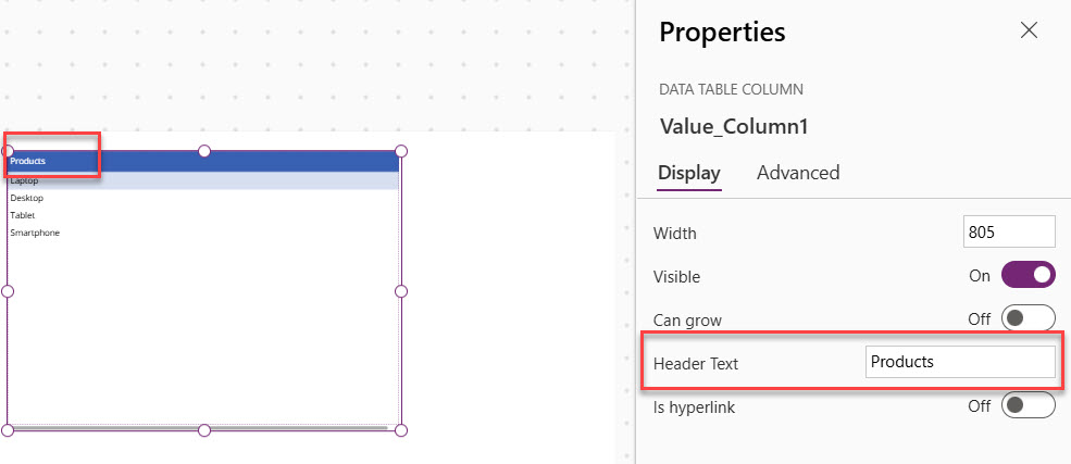 Power Apps data table