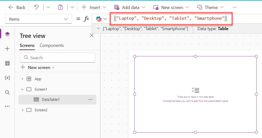 data table in Power Apps