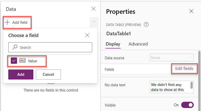 data table in PowerApps