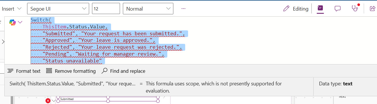 the formula uses scope powerapps