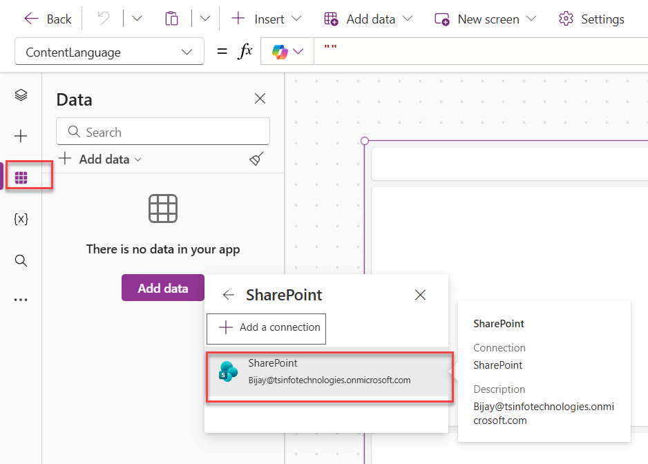 Power Apps Studio canvas with the Sales Tracker gallery selected