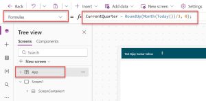 Power Apps Studio formula bar showing App object with Formulas property