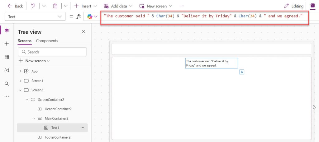 power apps double quotes in string