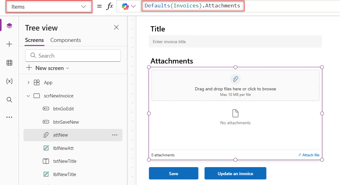 Power Apps attNew Attachments control selected with Items set to Defaults(Invoices).Attachments