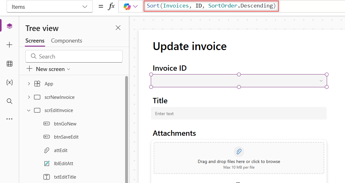 Power Apps ddInvoiceId modern dropdown with Items set to Sort(Invoices, ID, SortOrder.Descending)