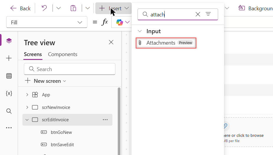 Power Apps Insert menu search for attach showing the modern Attachments control with the Preview tag