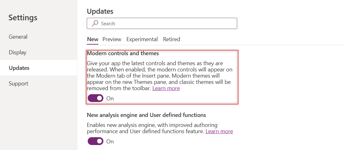 Power Apps Settings Updates tab with the Modern controls and themes toggle switched On