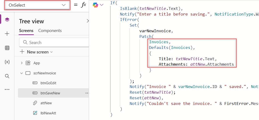 Power Apps btnSaveNew OnSelect formula with Patch, Defaults(Invoices) and Attachments: attNew.Attachments