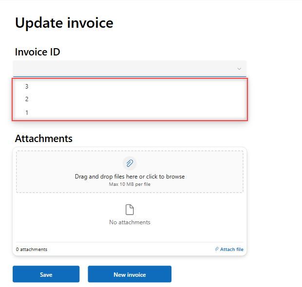 Power Apps Update invoice screen with the Invoice ID dropdown open showing IDs 3, 2 and 1