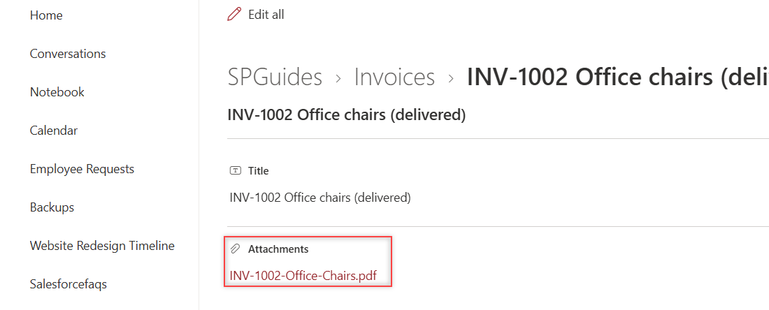 SharePoint Invoices list item INV-1002 Office chairs (delivered) with one attachment INV-1002-Office-Chairs.pdf