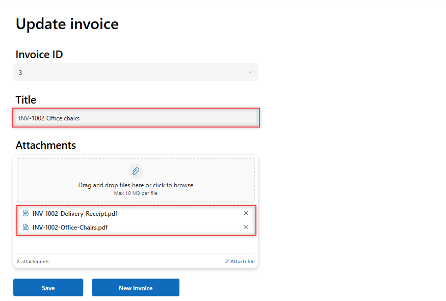 Power Apps Update invoice screen with invoice ID 3, its title and two PDF attachments loaded from SharePoint
