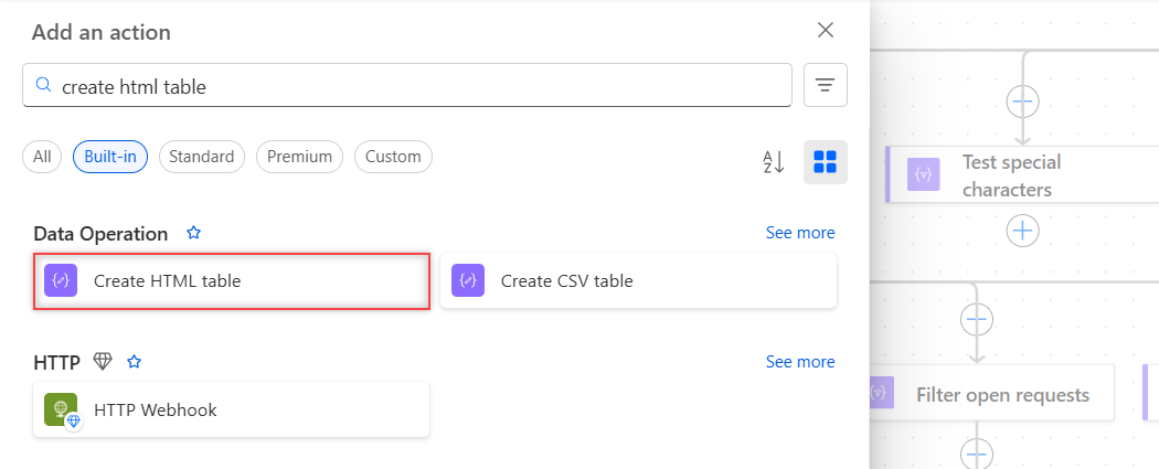 Add an action pane in Power Automate with Create HTML table under Data Operation