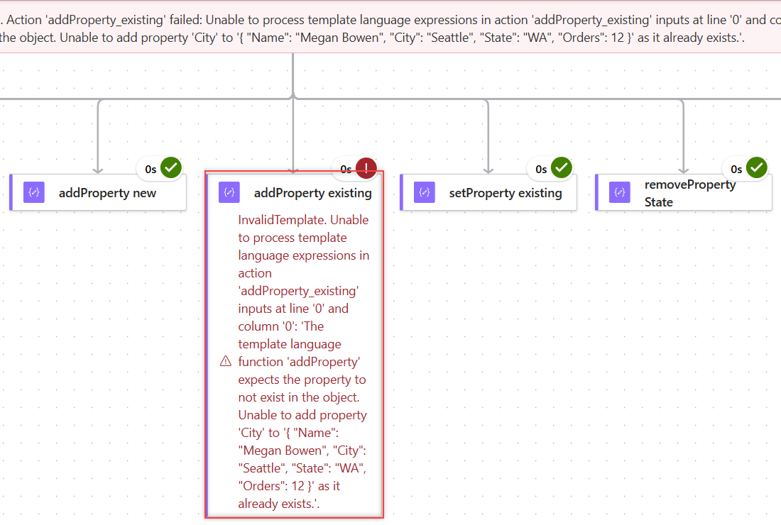 Power Automate addProperty error saying the property City already exists in the object