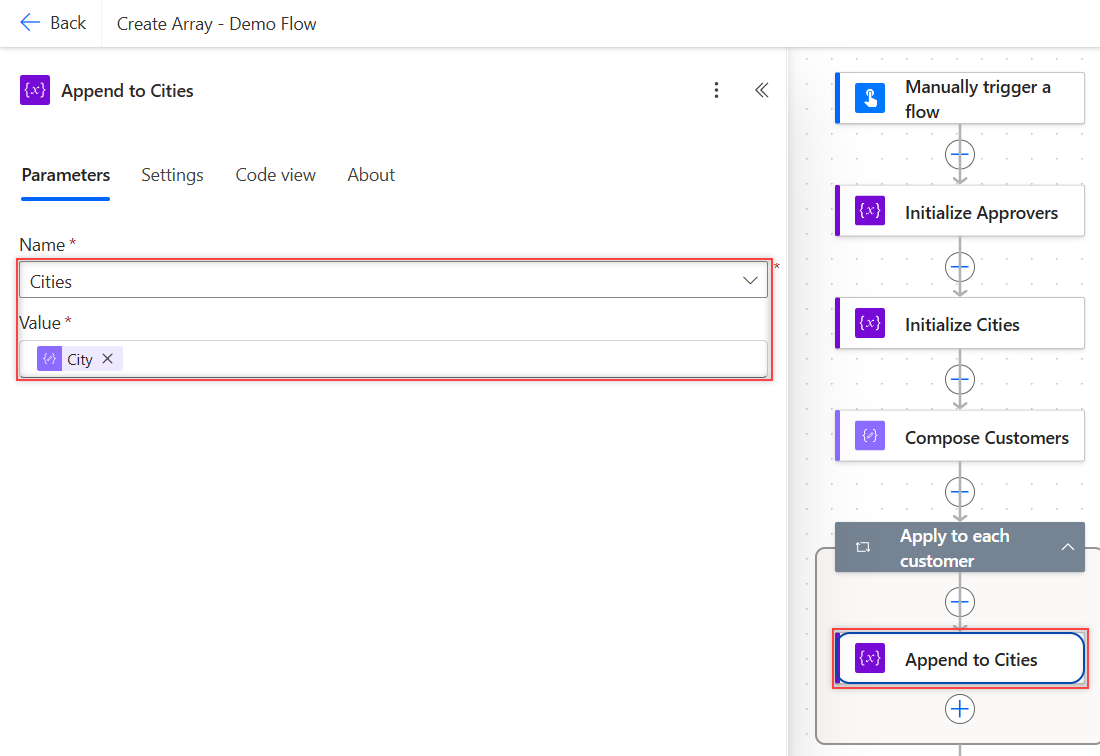 Append to array variable action inside Apply to each in Power Automate adding the City field to Cities