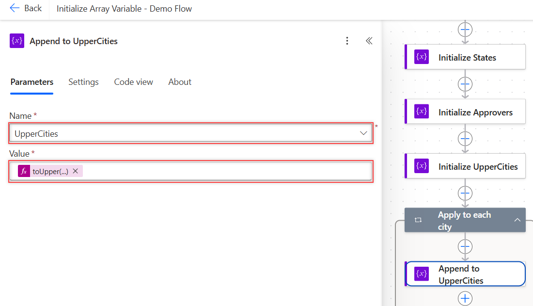 Append to array variable action inside Apply to each with Name UpperCities and a toUpper expression in Value