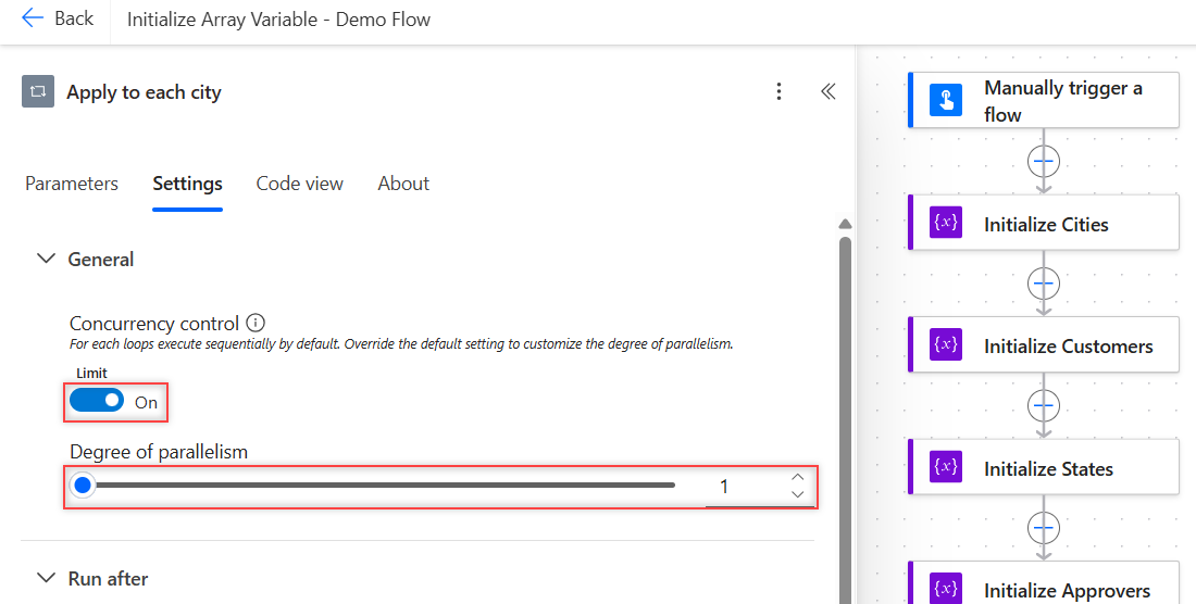 Apply to each Settings tab in Power Automate with Concurrency control on and degree of parallelism set to 1
