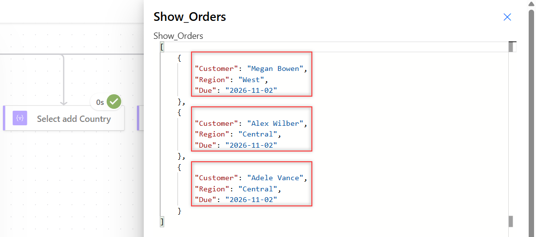 Power Automate run output showing an array of three objects built with Append to array variable