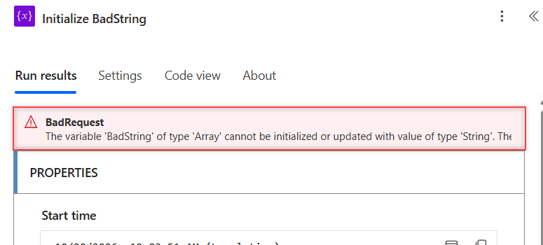 Power Automate BadRequest error: variable of type Array cannot be initialized with value of type String