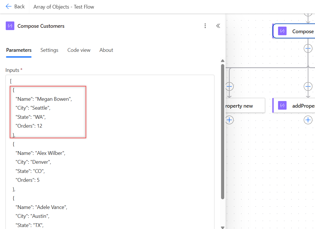 Compose action in Power Automate with a JSON array of three customer objects in Inputs