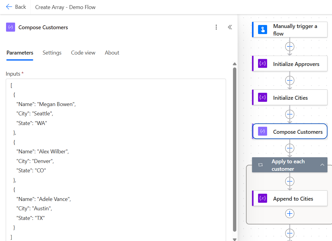Compose action Inputs in Power Automate holding a JSON array of three customer objects