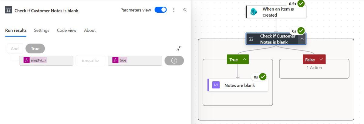 Power Automate run history showing a blank condition evaluated to True
