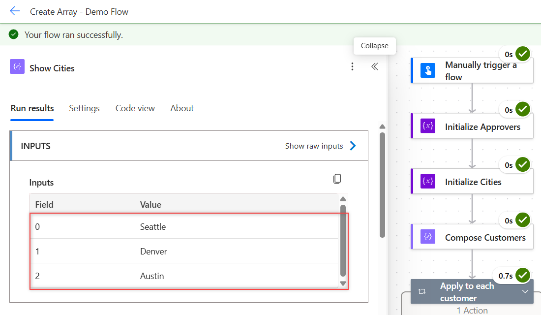 Power Automate run showing an array variable built with Append to array variable: Seattle, Denver, Austin