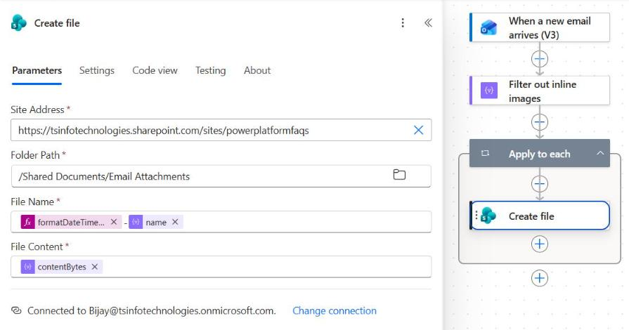 SharePoint Create file action in Power Automate with folder path, file name expression and contentBytes