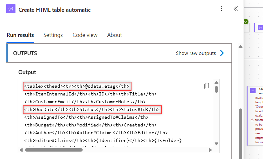 Create HTML table automatic columns output with @odata.etag and Status#Id headers from SharePoint