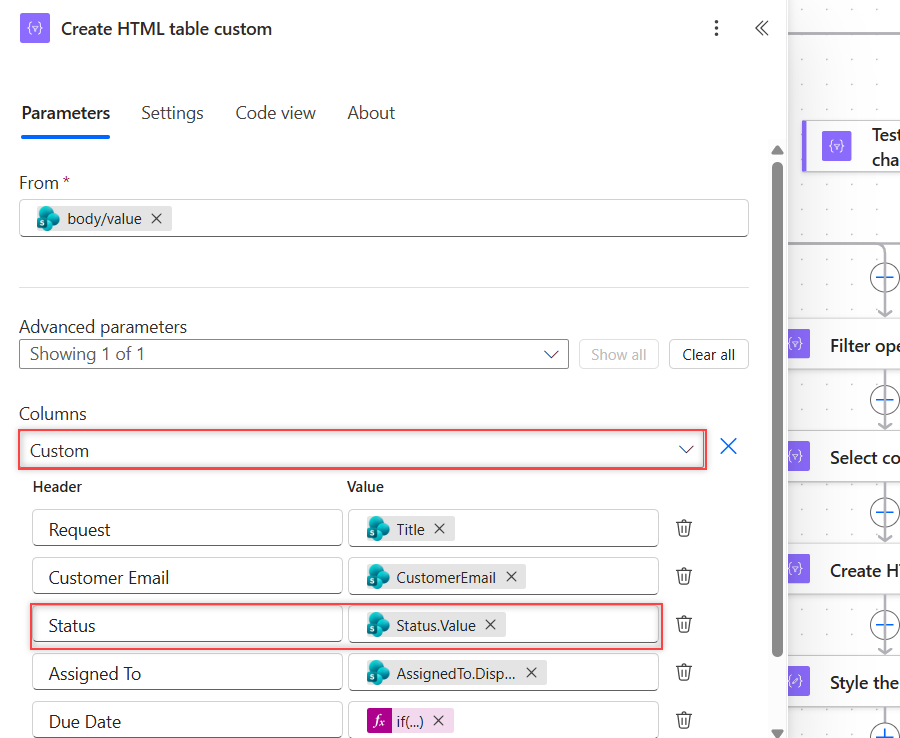 Create HTML table action with Columns set to Custom and Header Value pairs in Power Automate