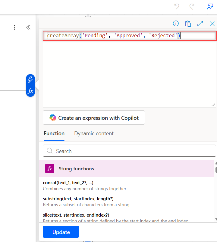 Power Automate expression editor with createArray('Pending', 'Approved', 'Rejected') typed in