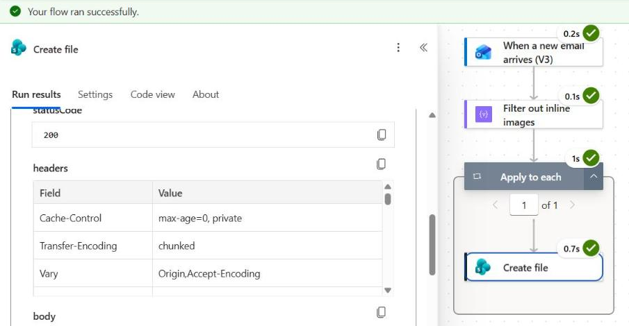 Power Automate save email attachment to SharePoint flow run with Outlook trigger, Filter array and Create file