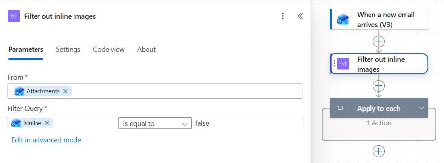 Power Automate Filter array action with From set to Attachments and isInline is equal to false