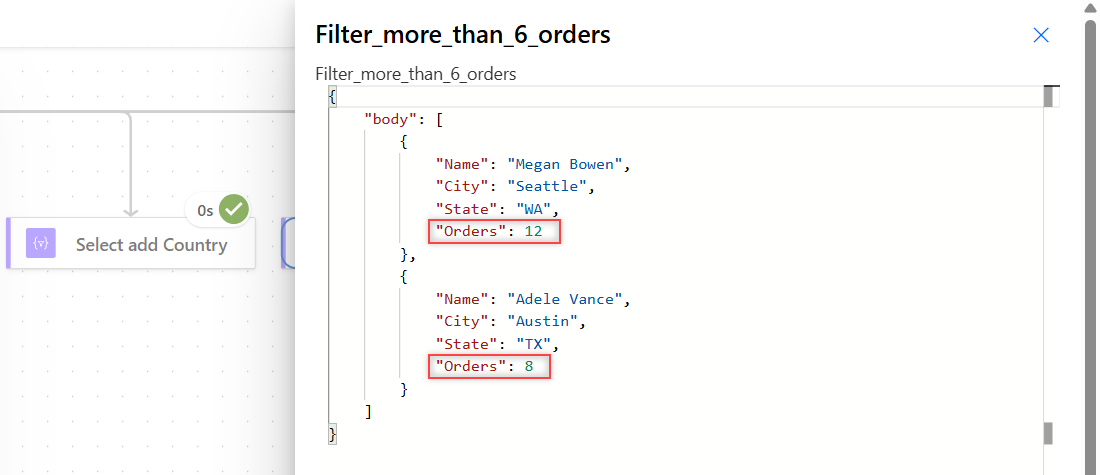 Filter array output in Power Automate keeping customer objects with more than 6 orders