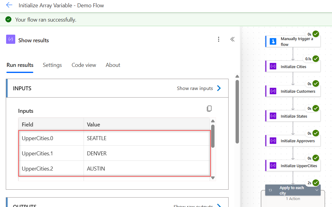 Successful Power Automate run with Show results listing UpperCities SEATTLE, DENVER and AUSTIN