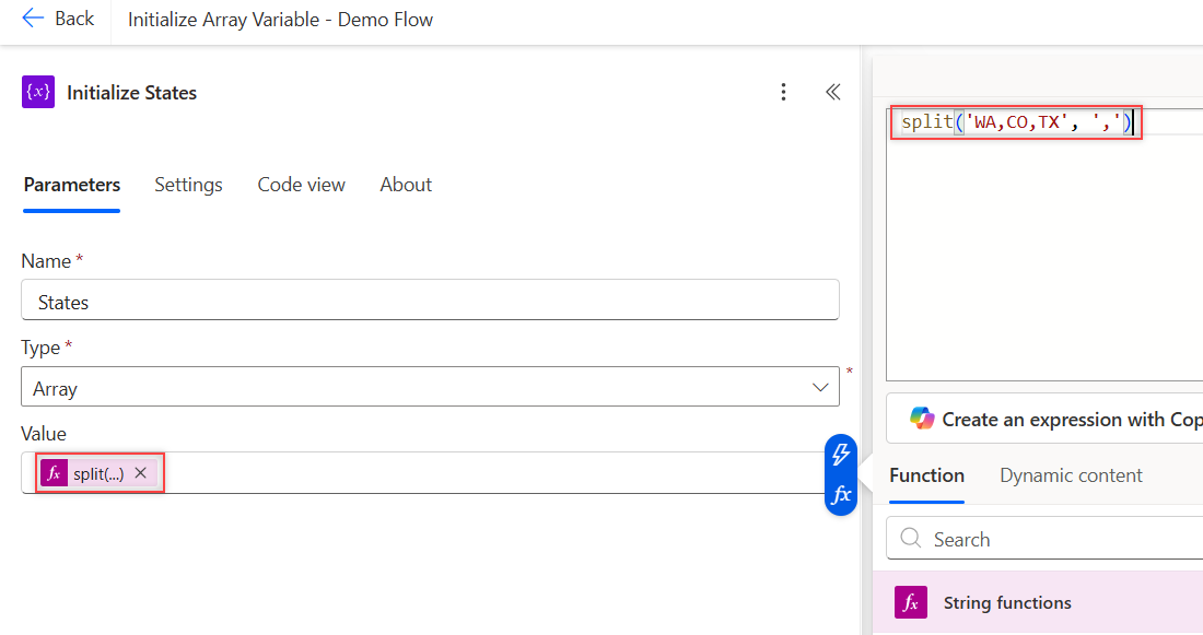 Initialize States action with an fx split expression token in Value and the expression editor open