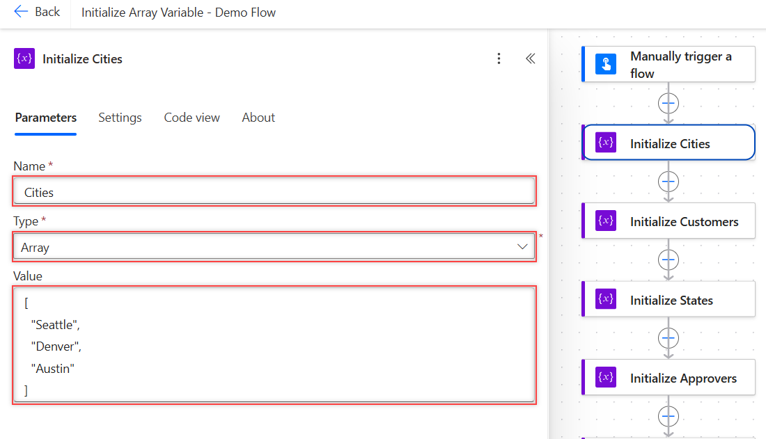Initialize Cities action with Name Cities, Type Array and a JSON list of Seattle, Denver and Austin in Value