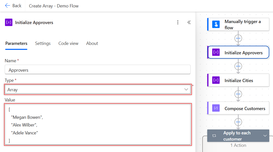 Initialize variable action in Power Automate with Type set to Array and a JSON list of three names