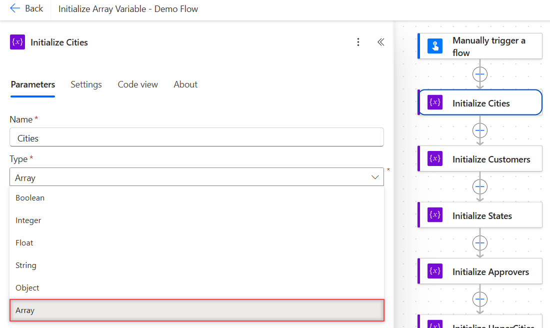 Initialize variable Type dropdown in Power Automate listing Boolean, Integer, Float, String, Object and Array