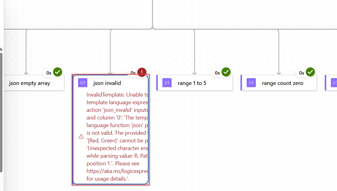 Power Automate run with a failed json action showing InvalidTemplate for the text [Red, Green]
