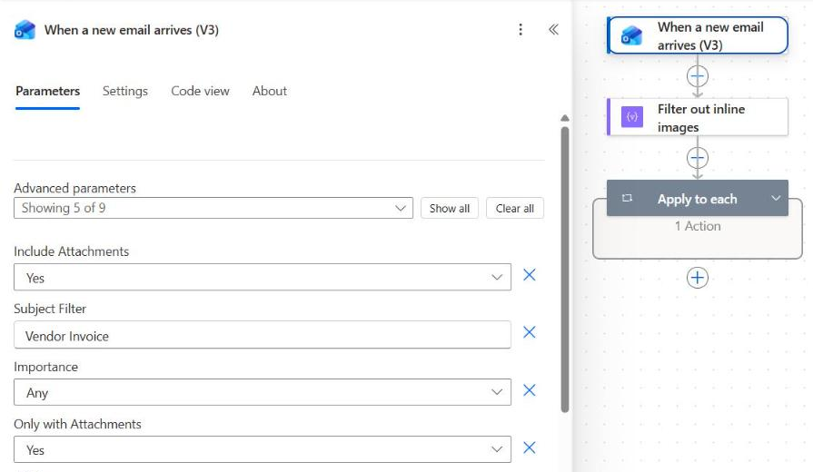 When a new email arrives V3 trigger with Include Attachments, Subject Filter and Only with Attachments set to Yes