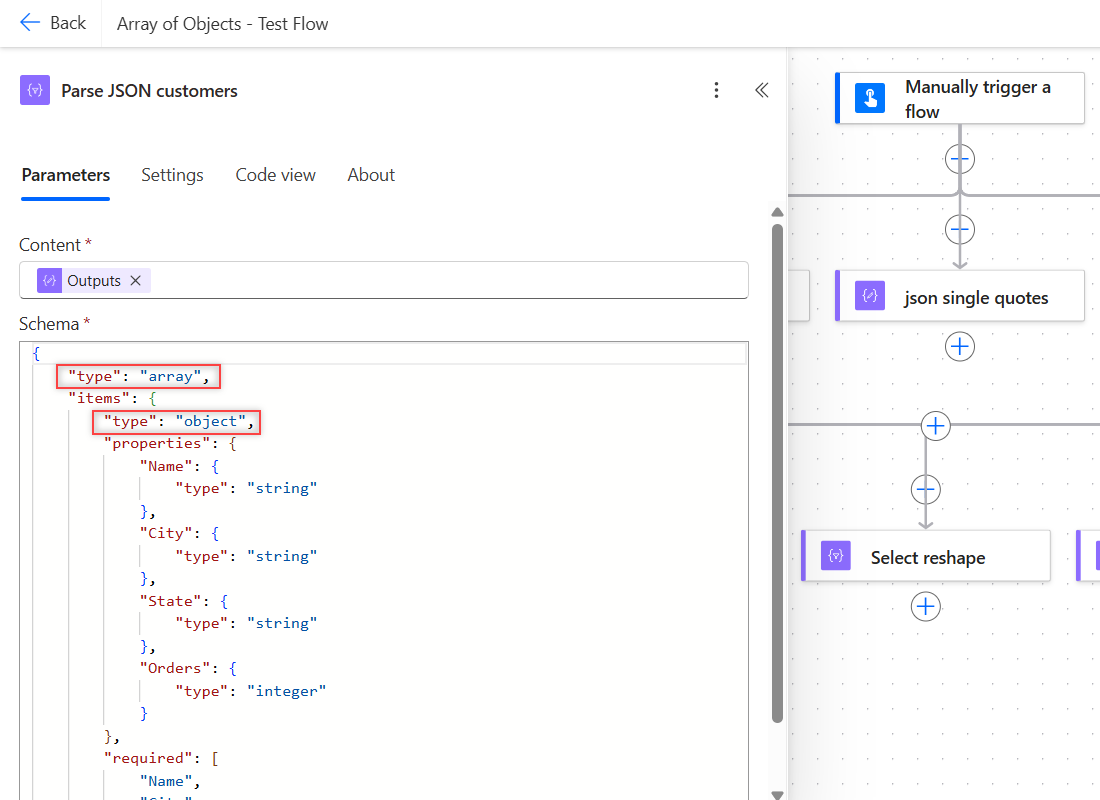Parse JSON action in Power Automate with a schema for an array of customer objects