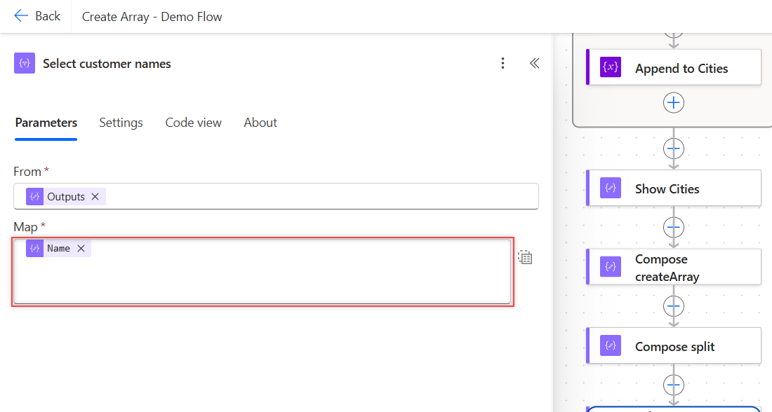 Select action in Power Automate with From set to Compose Outputs and Map set to the Name field