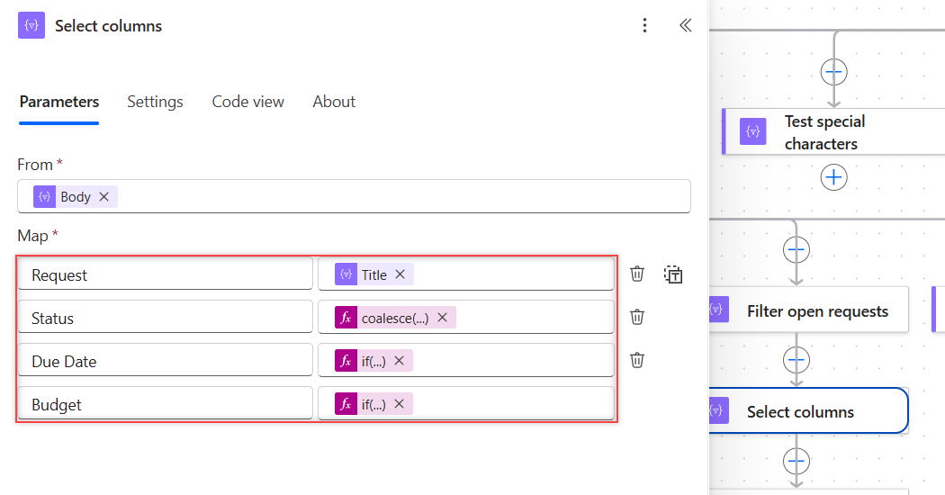 Power Automate Select action map with Request, Status, Due Date and Budget columns for an HTML table