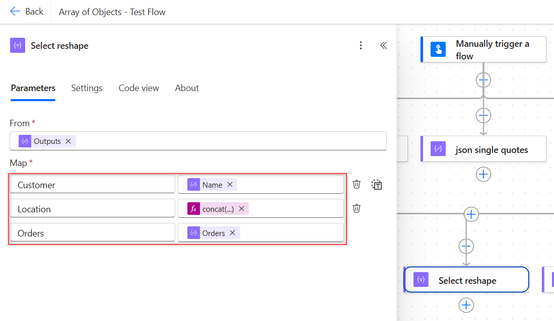 Select action in Power Automate with Map rows Customer, Location, and Orders building new objects
