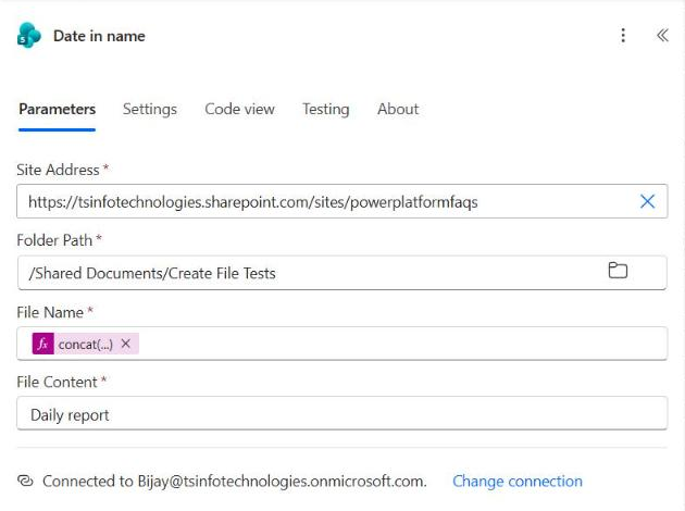 SharePoint Create file action parameters in Power Automate with site address, folder path, file name and content