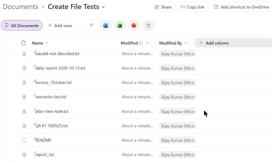 SharePoint library showing Power Automate Create file results with invalid characters replaced by underscores