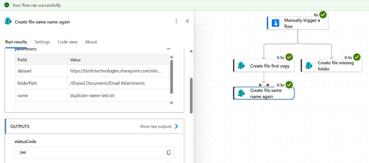 Power Automate run where SharePoint Create file saves the same file name twice and both actions succeed