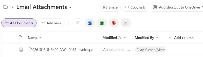 SharePoint document library showing the email attachment PDF saved by Power Automate